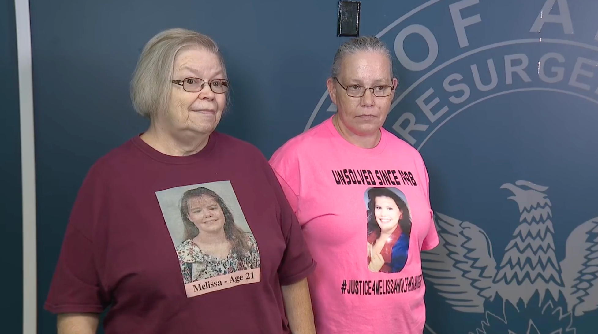 Norma Patton (left) and Tina Patton (right) pictured at a press conference on Wednesday wearing shirts honoring Melissa Wolfenbarger